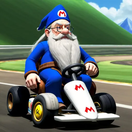 Prompt: Dumbledore in Mario kart 