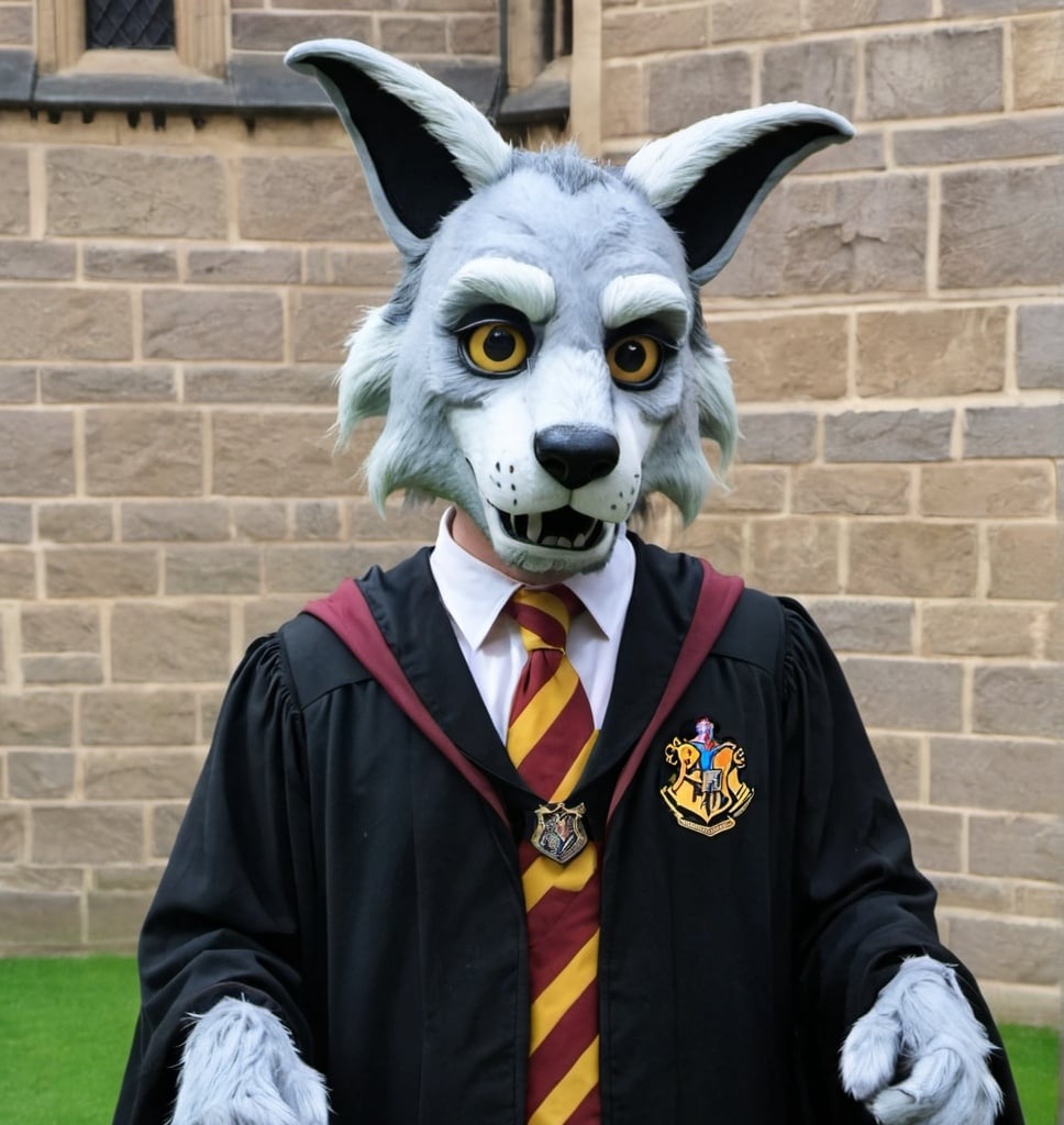 Prompt: Someone wearing a fursuit head at Hogwarts court yard