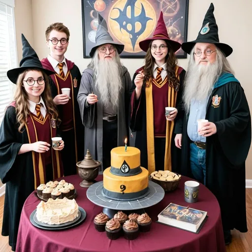 Prompt: Wizard themed Birthday party for adults nerds standing around, Harry Potter stuff 