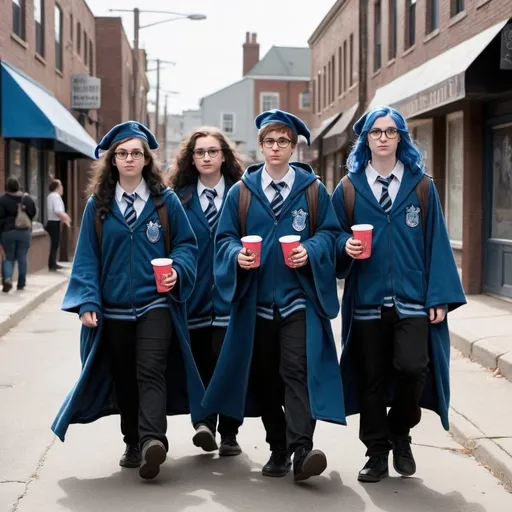 Prompt: Nerds dressed as ravenclaws walking down the street in a ghetto