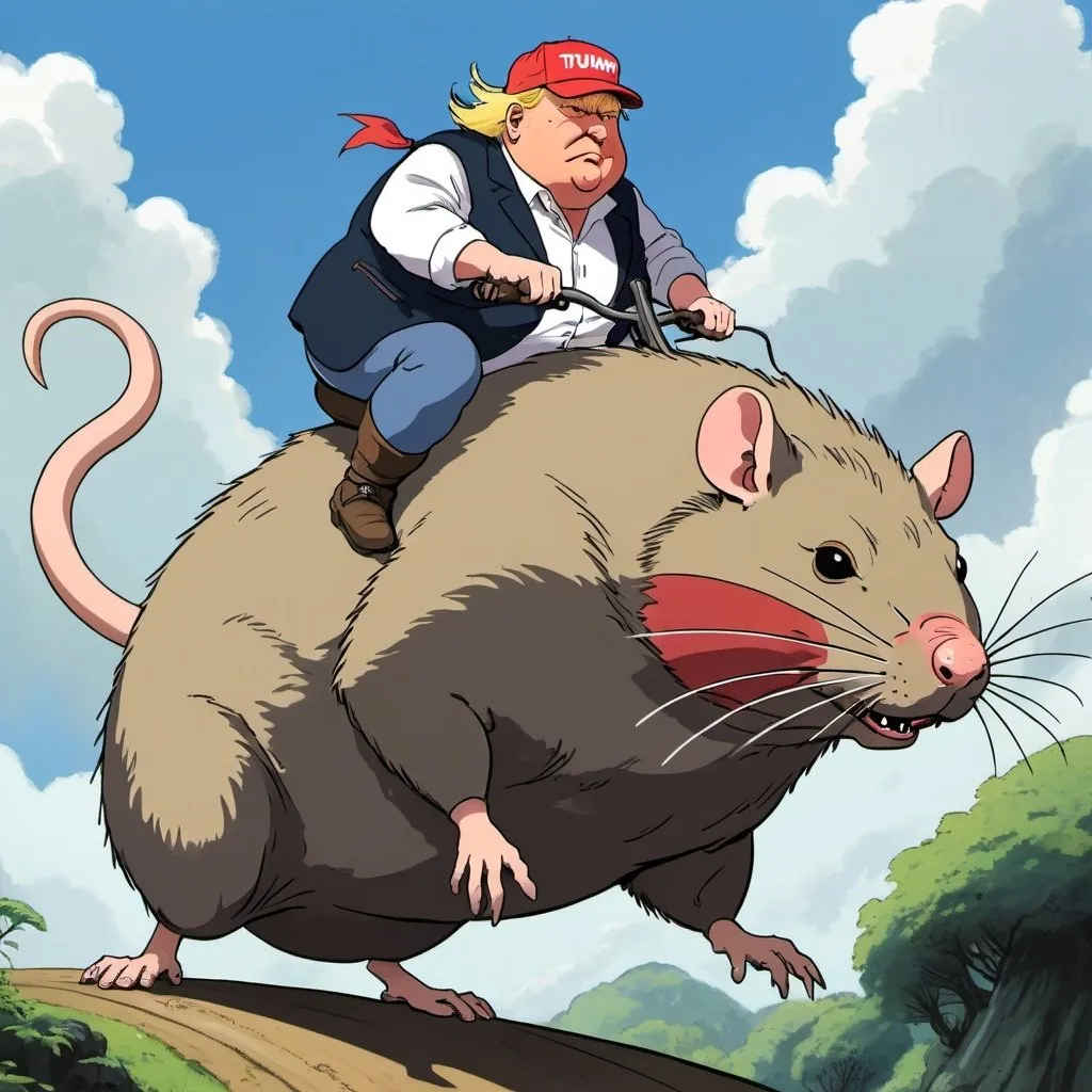 Prompt: A fat redneck Trump supporter riding on a giant rat, Ghibli style, 2d