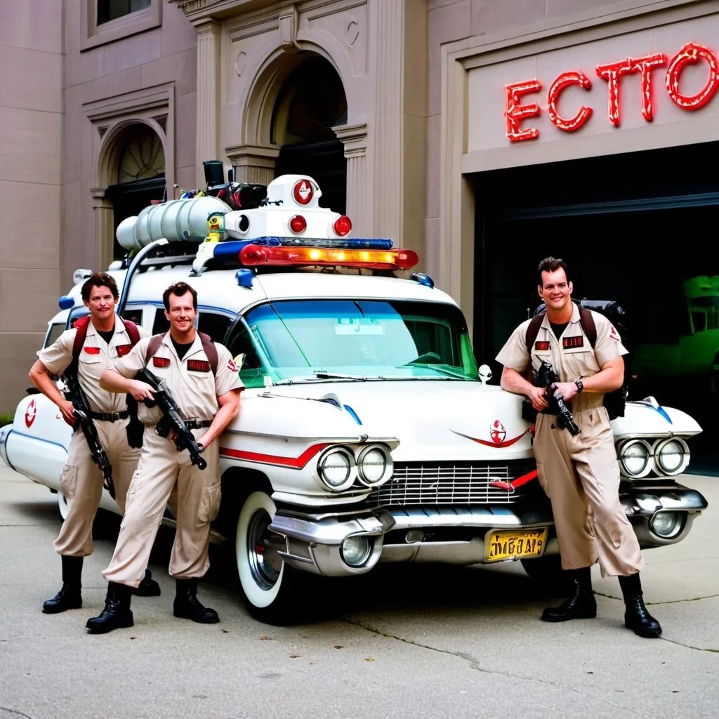 Prompt: Redneck Ghostbusters standing in front of ecto 1