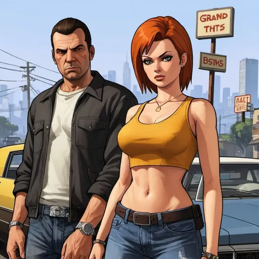 Prompt: Ash Brock and Misty in grand theft auto 