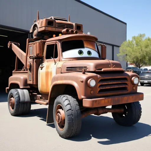 Prompt: Rusty cyber truck with tow mater 