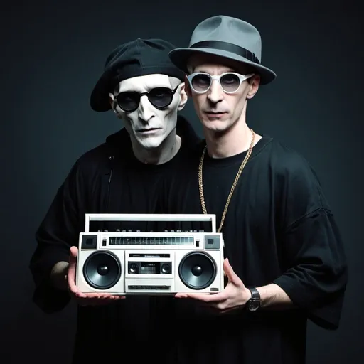 Prompt: Hiphop, Voldemort, grand mast flash glasses and hat, holding 80's boombox