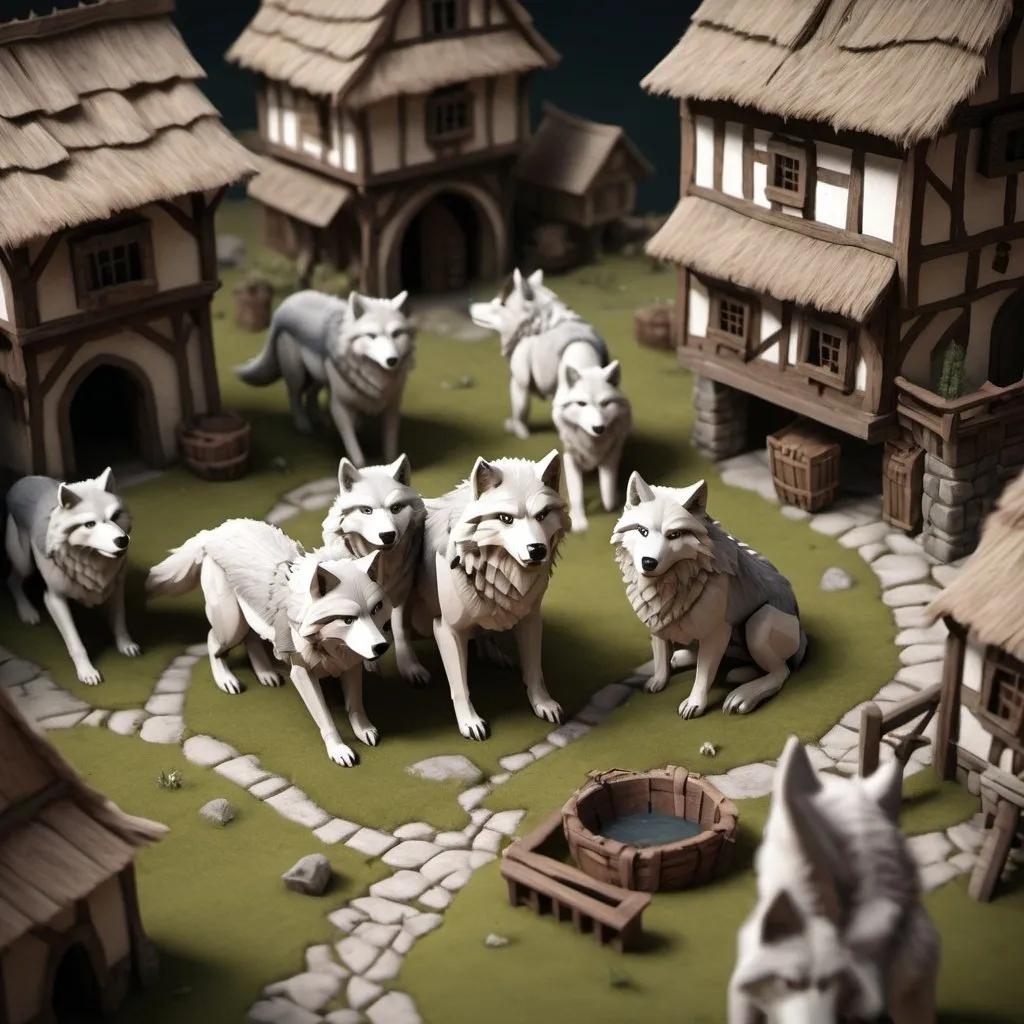 Prompt: miniature isometric world render, a medieval village full of wolves