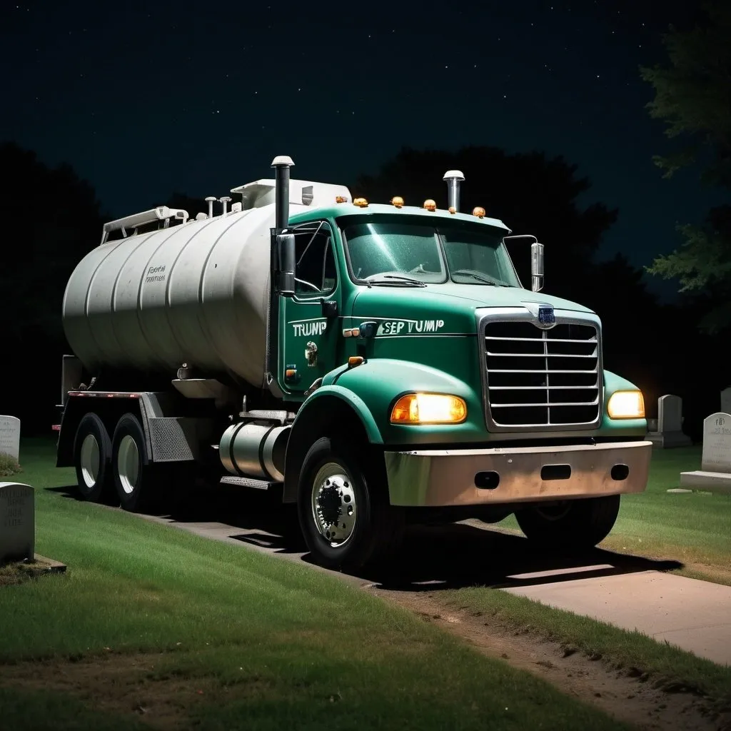 Prompt: Trump septic tank truck in cemetery at night, scary, horror movie, creepy