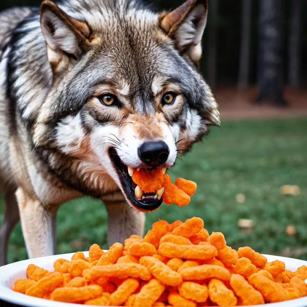 Prompt: A wolf eating cheetos