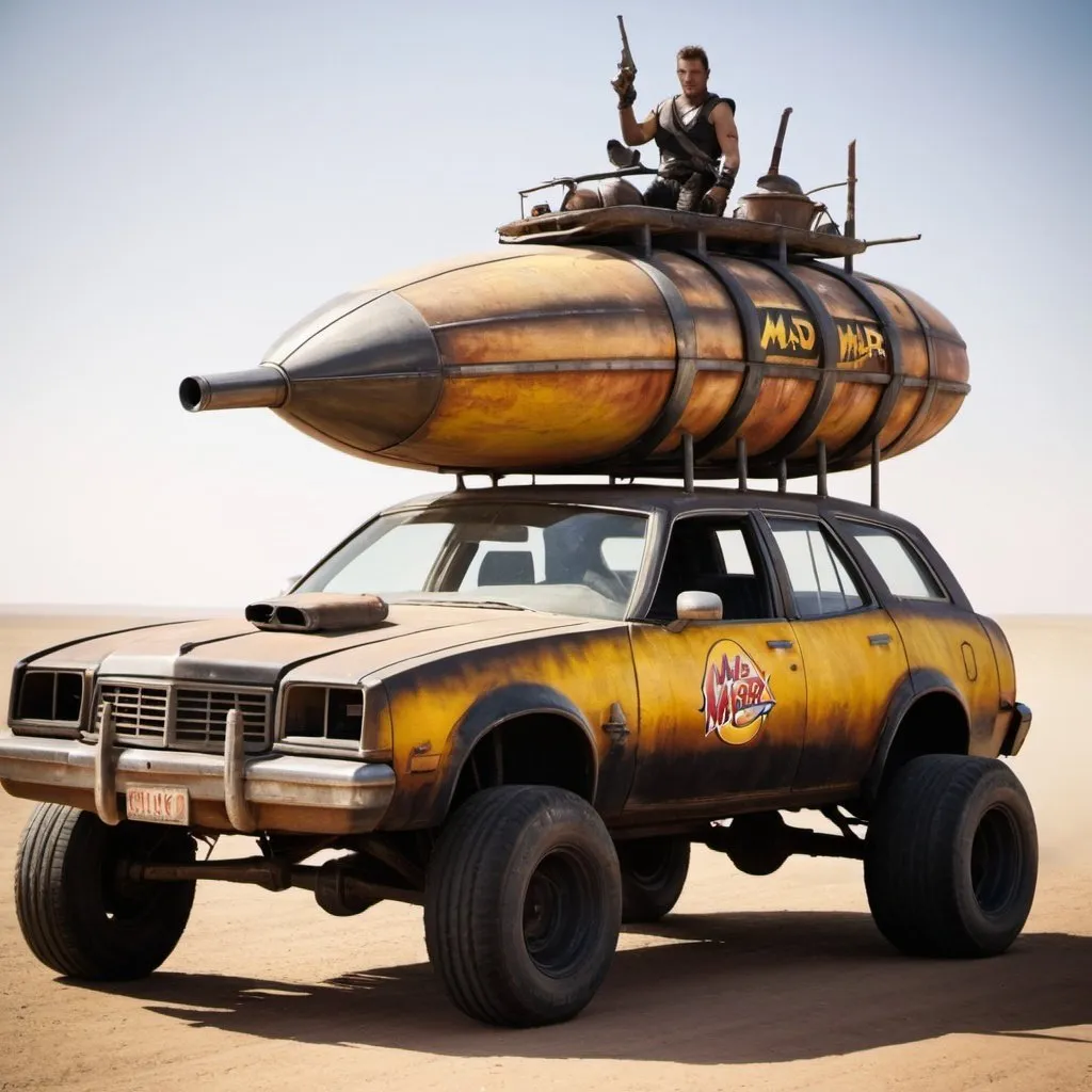 Prompt: Oscar Meyer weener mobile in mad max 