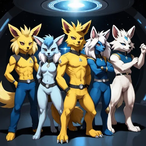 Prompt: Anthro furry pokemon as star trek crew. Jolteon, glaceon, Arcanine, mightyena, lycanroc 