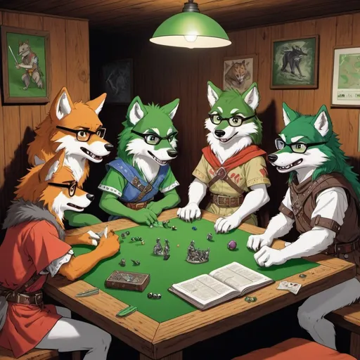 Prompt: Anthro furry nerdy wolves playing dungeons and dragons in an anime style, 1980's basement with wood paneling and green carpet 