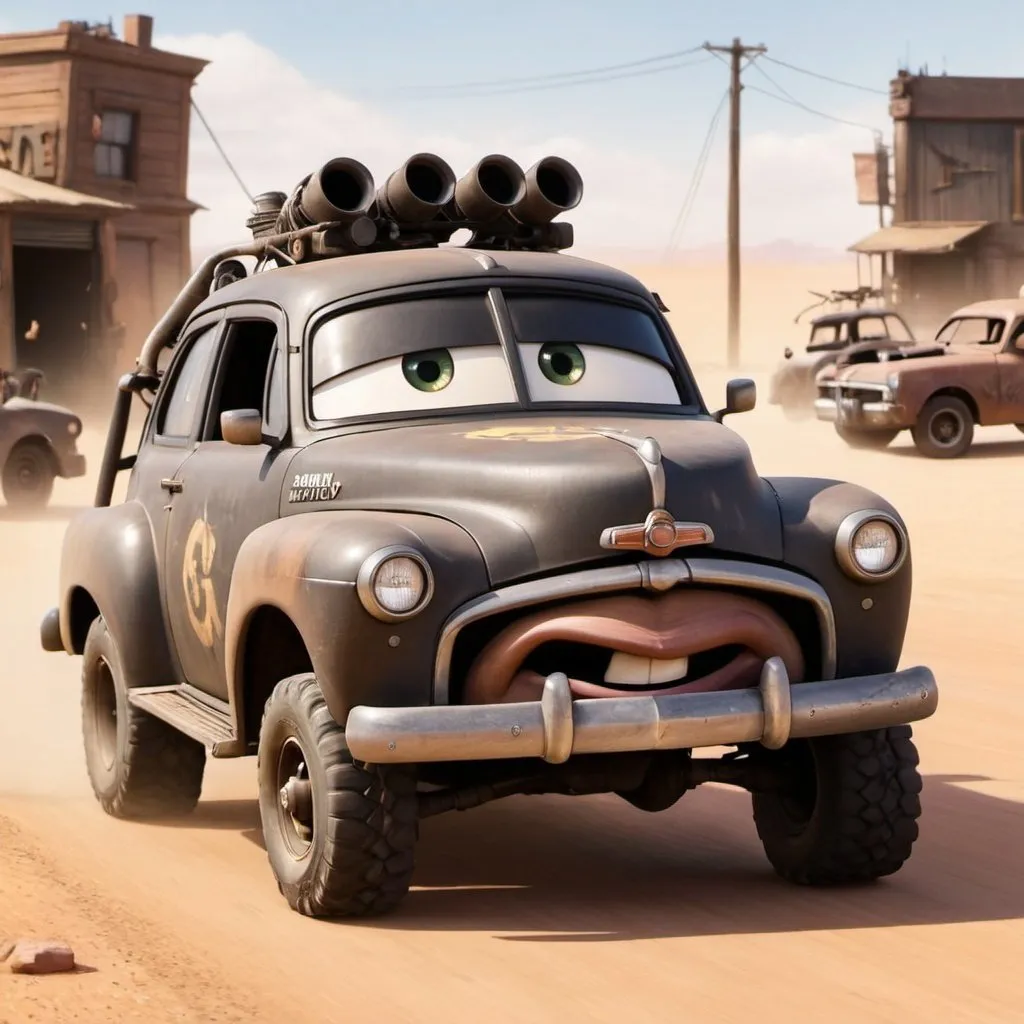 Prompt: Filmore from Pixar cars in mad max