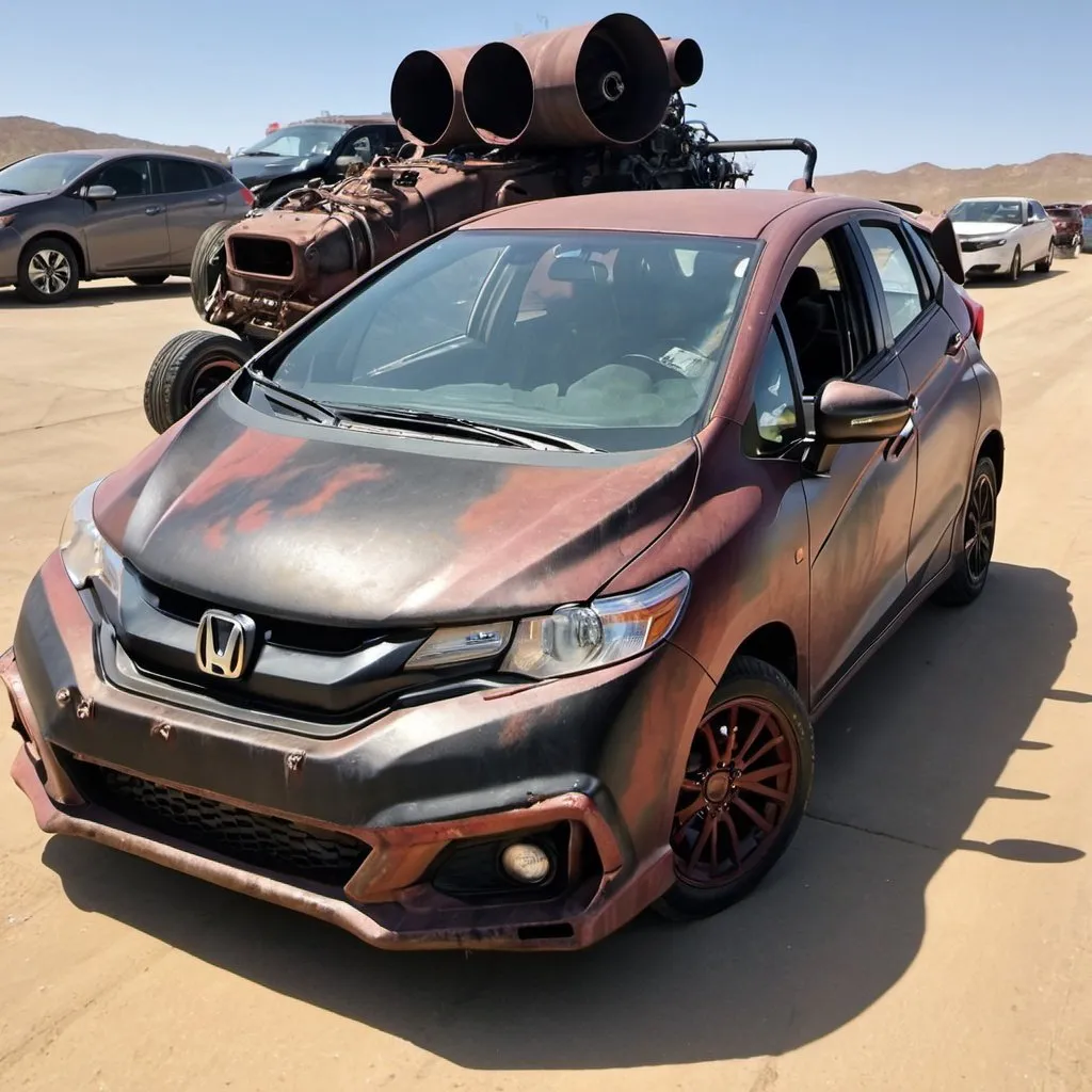 Prompt: 2019 Honda fit in mad max, rat rod, no hood, big engine blower