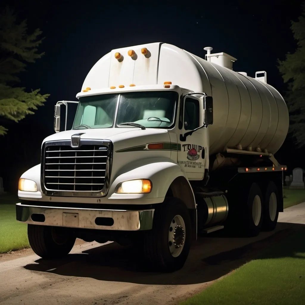 Prompt: Trump septic tank truck in cemetery at night, scary, horror movie, creepy
