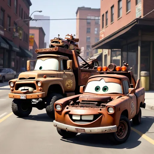 Prompt: Niko bellic stealing tow mater, driving tow mater 