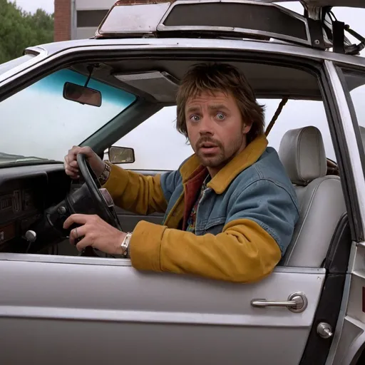 Prompt: Shaggy driving back to the future Delroean, door open