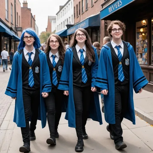 Prompt: Nerds dressed as ravenclaws walking down the street 