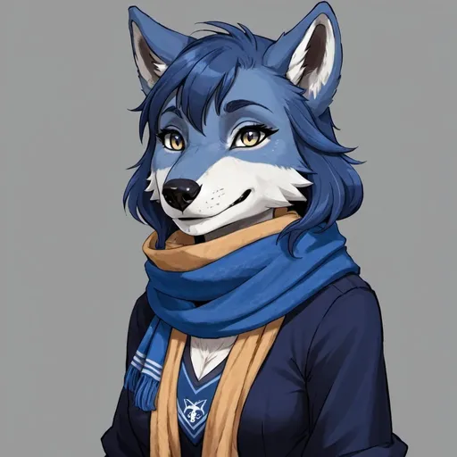 Prompt: Anthro, wolf, female, furry, anime, wearing ravenclaw scarf