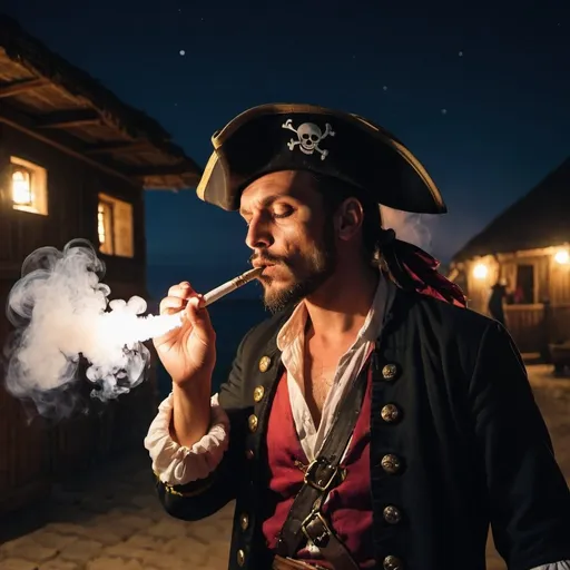 Prompt: Male pirate blowing smoke in village at night 