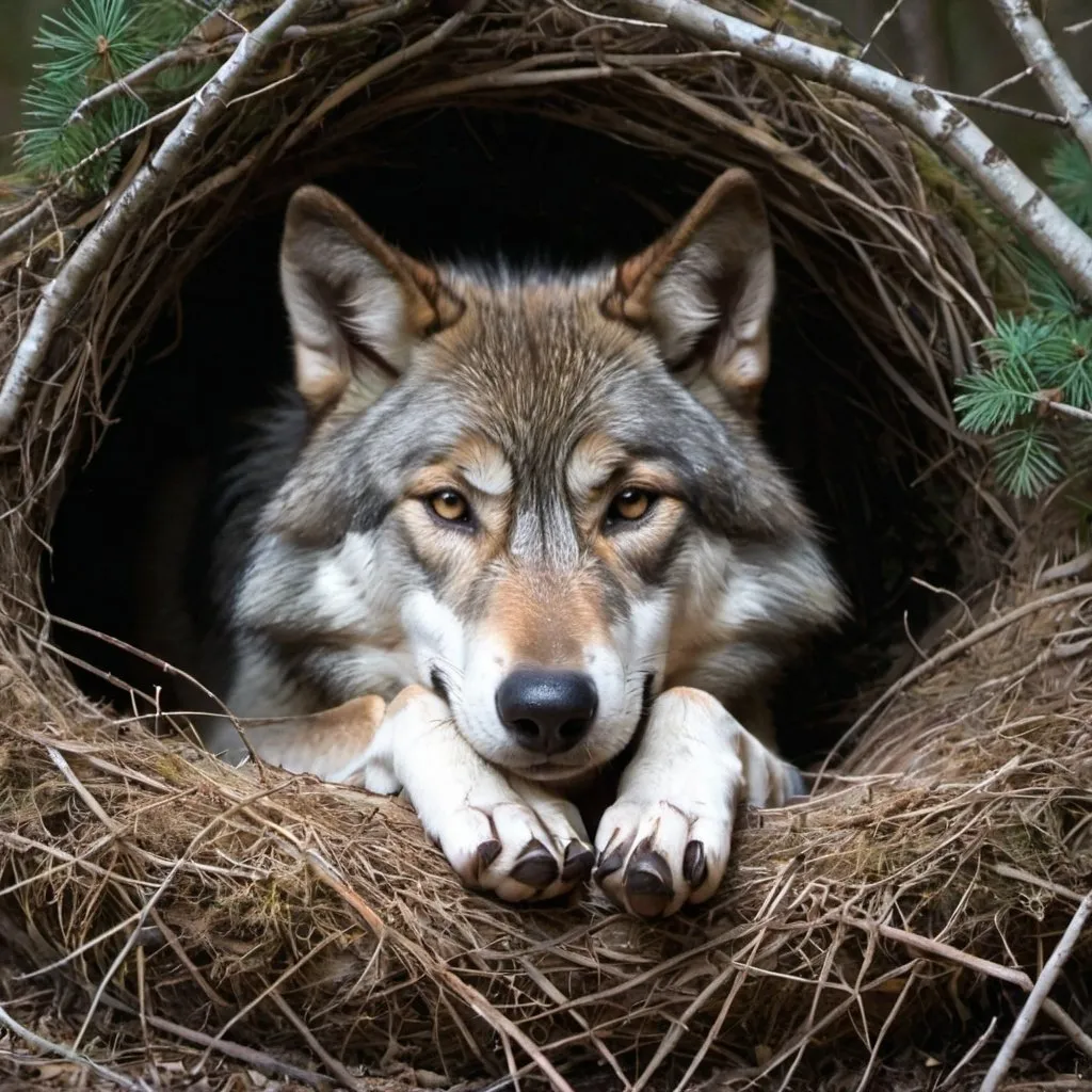 Prompt: A wolf curled up in a nest