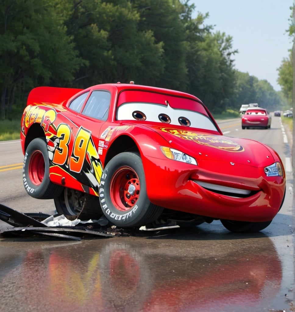 Prompt: Lightning McQueen in a bad car wreck