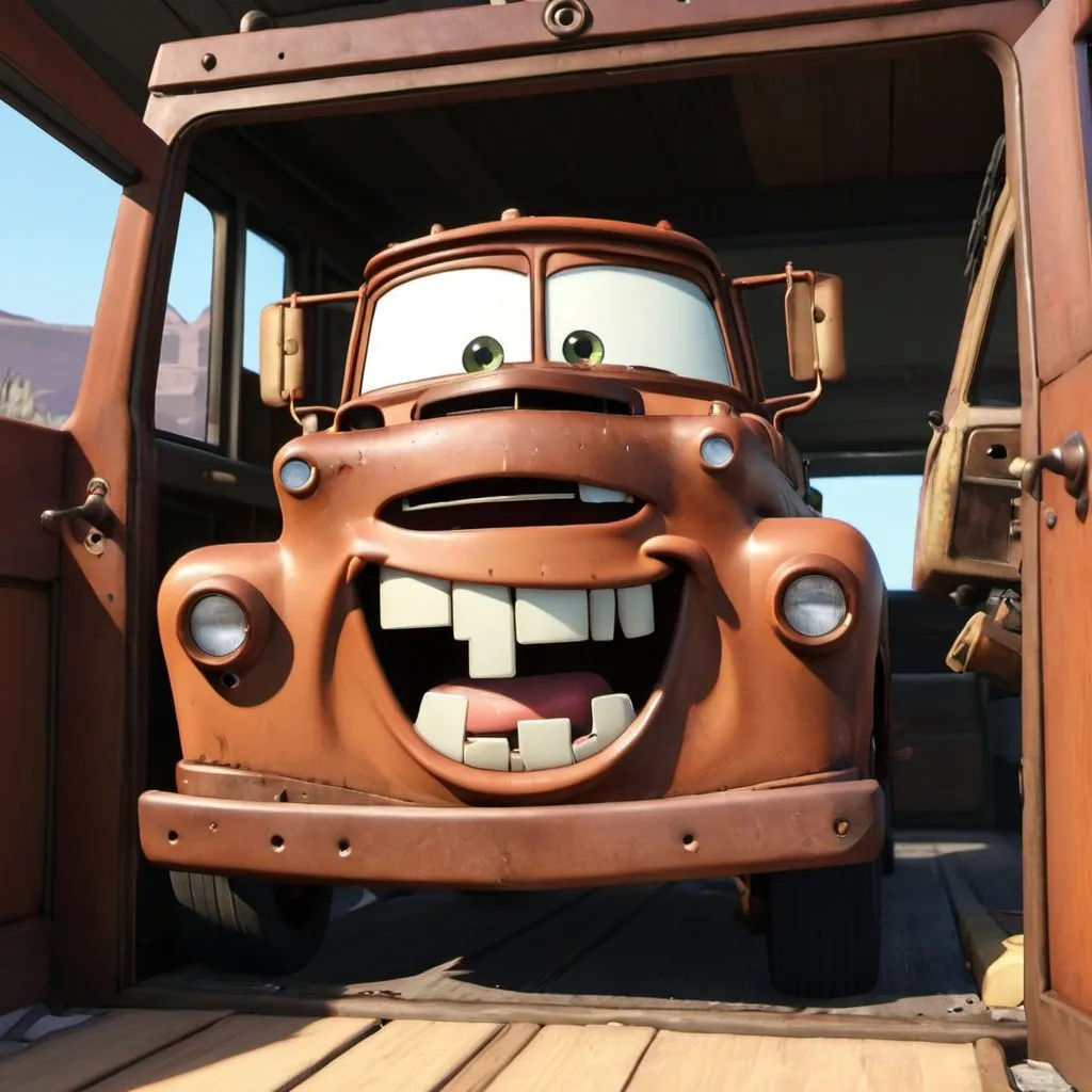 Prompt: Tow mater door open, interior, Trevor from GTA driving 