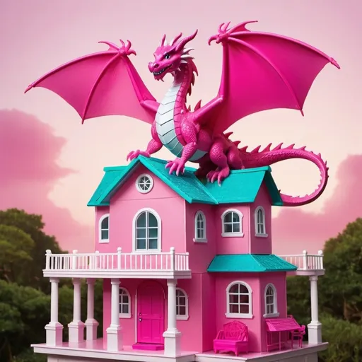 Prompt: Dragon on top of Barbie dream house 