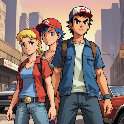 Prompt: Ash ketchum Brock and Misty in grand theft auto 