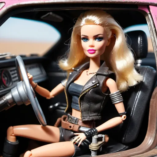 Prompt: Mad max barbie driving 