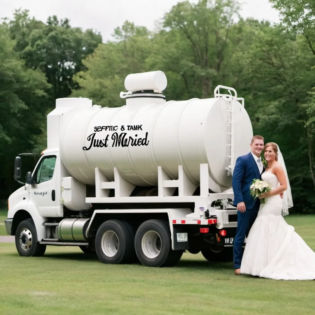 Prompt: Septic tank truck at wedding, just married 