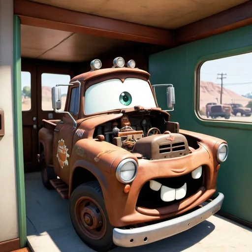 Prompt: Tow mater door open, interior, Trevor from GTA driving 