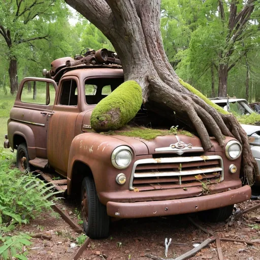 Prompt: Long Abandoned two mater, tree growing through vehicle, junk vehicle
