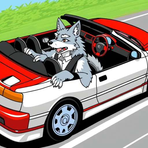 Prompt: Anthro furry wolf driving Toyota MR2 convertible 