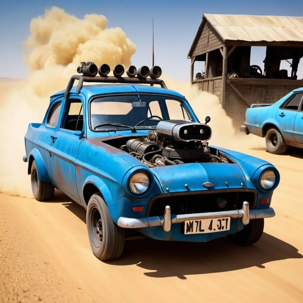 Prompt: Mad Max blue ford anglia