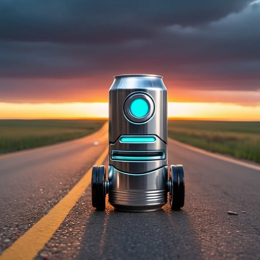 Prompt: A glowing robot beer can cylinder stops a car on a road on the prairie