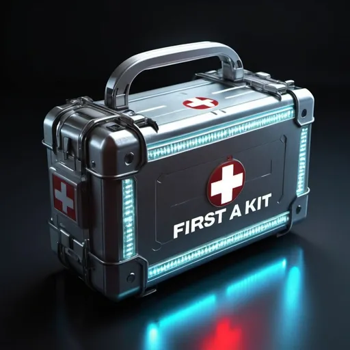 Prompt: First aid kit with LED lights and microchips, futuristic cyberpunk style, metallic materials, high-tech, detailed LED flashes, sleek and professional design, cool tones, atmospheric lighting, highres, ultra-detailed, cyberpunk, futuristic, LED lights, metallic, professional, detailed design, cool tones, atmospheric lighting