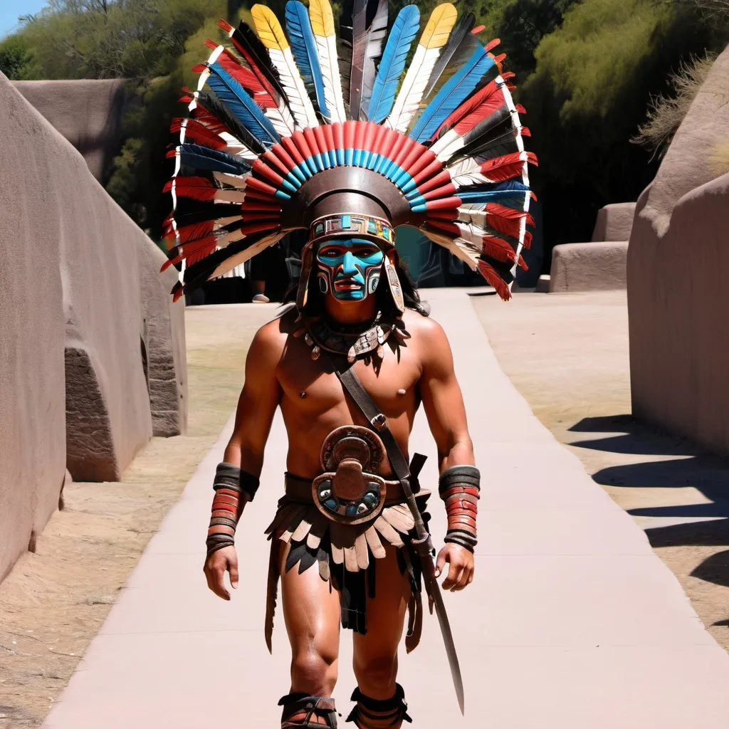 Prompt: an aztec warrior walking towards me