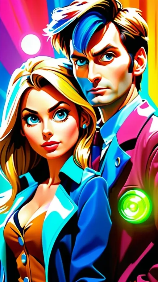 Prompt: Cartoon poster of the Tenth Doctor and Rose Tyler, vibrant colors, 9:16 ratio, detailed facial features, professional cartoon style, vibrant and lively, high quality, detailed rendering, cartoon style, dynamic poses, detailed clothing, iconic sonic screwdriver, nostalgic and warm lighting