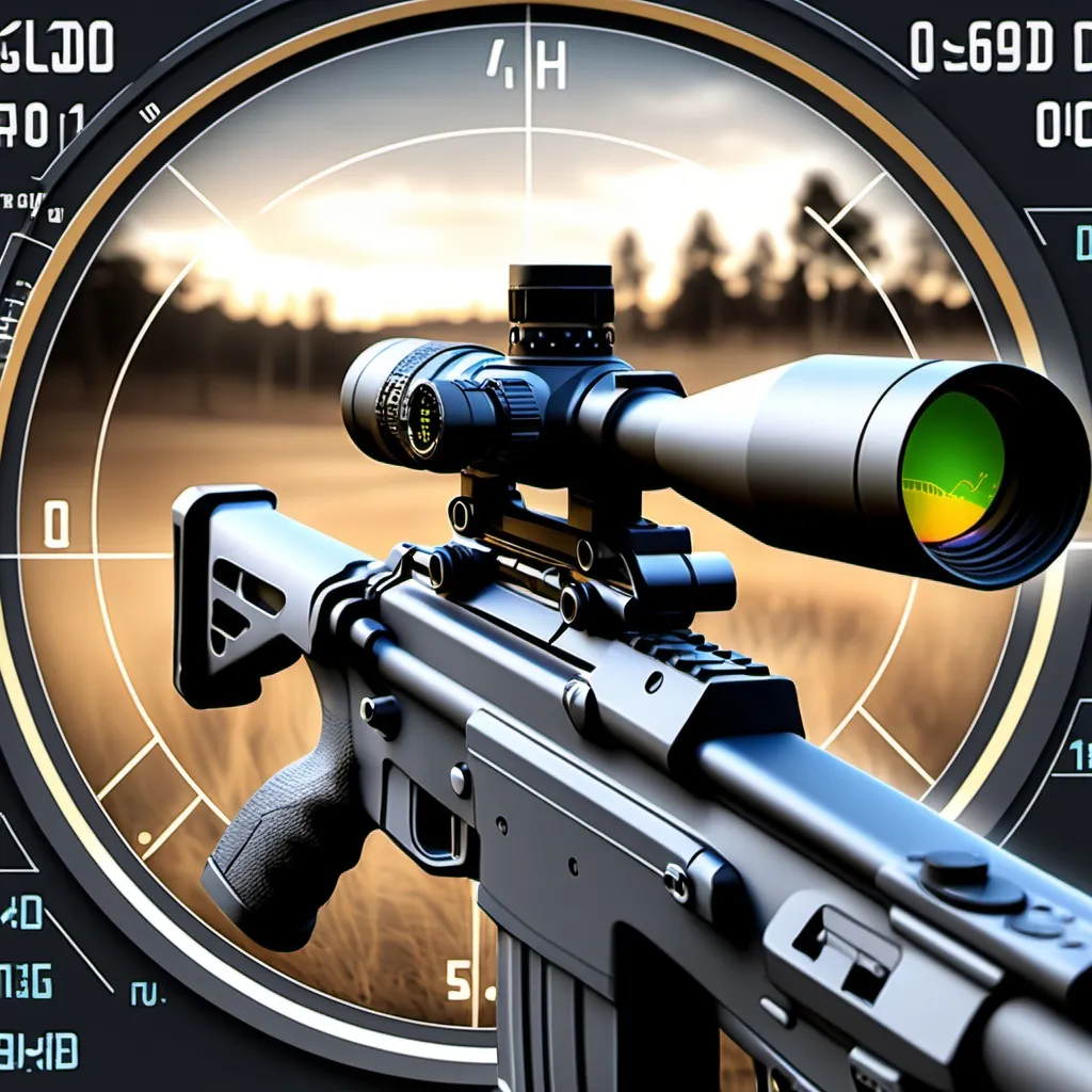 Prompt: buatkan Senapan sniper modern dengan lensa bidik digital (HUD) yang menampilkan grafik XAUUSD.

