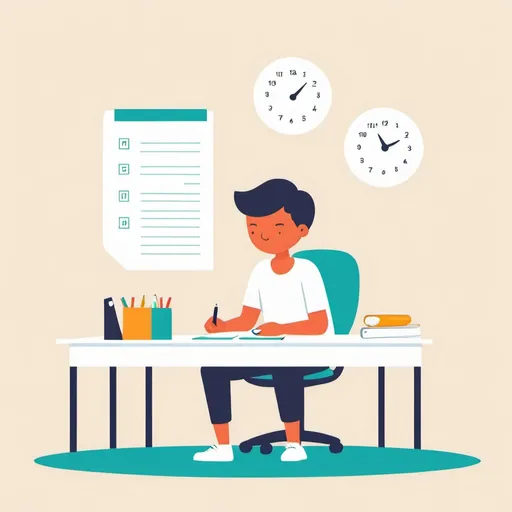 Prompt: Flat illustration of a person sitting at a desk taking a test, simple forms, simple shapes, vector, minimalism, bright background