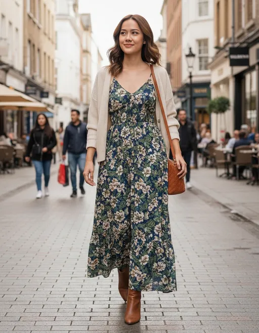 Prompt: Tall young woman walking down the high street, detailed clothing, realistic, natural lighting