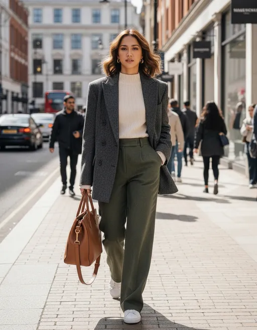 Prompt: Tall young woman walking down the high street, detailed clothing, realistic, natural lighting