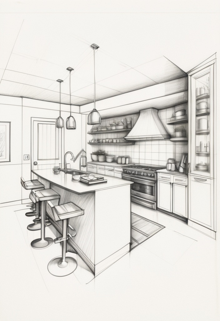 Prompt: Cette illustration montre une esquisse d'un espace intérieur, probablement une cuisine ou une salle à manger moderne. Le dessin est réalisé au crayon et présente une perspective en profondeur. On y voit un îlot central entouré de chaises hautes, des luminaires suspendus au plafond, et des éléments de mobilier comme des armoires et des étagères. Des textures, telles que des volets ou des murs en relief, ajoutent de la profondeur et du détail. Le style est épuré et fonctionnel, mettant l'accent sur une ambiance contemporaine.