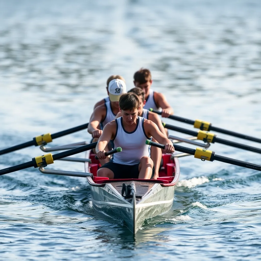 Prompt: Rowers in a boat, paddling in sync, symbolizing teamwork and shared effort.