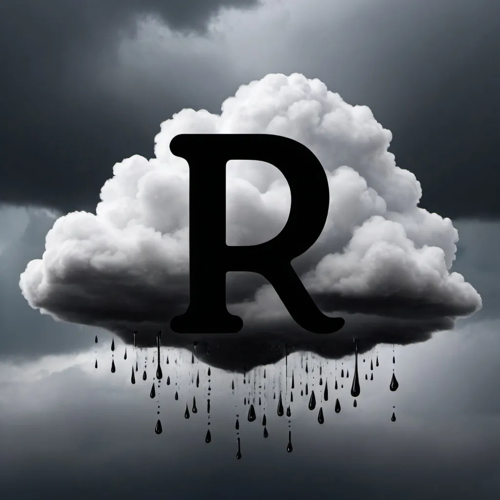 Prompt: Rainy dark cloud with grey letter R eith black inline shadows in center of it