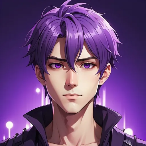 Prompt: Handsome bor anime character purple hair, Rgb lights color background 