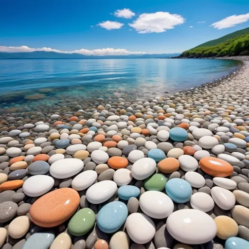 Prompt: A serene beach scene with smooth, polished pebbles of various colors like white, light green, soft orange, yellow, pink, and light blue. The pebbles are glossy, some translucent, resembling marbles or glass stones. Clear, calm water gently laps against the shoreline, with stones partly submerged. In the background, a tranquil blue ocean meets a hilly coastline covered in lush green trees. The sky is bright blue with fluffy white clouds. Sunlight illuminates the scene, enhancing the vibrancy of the stones and creating a cheerful, peaceful atmosphere.