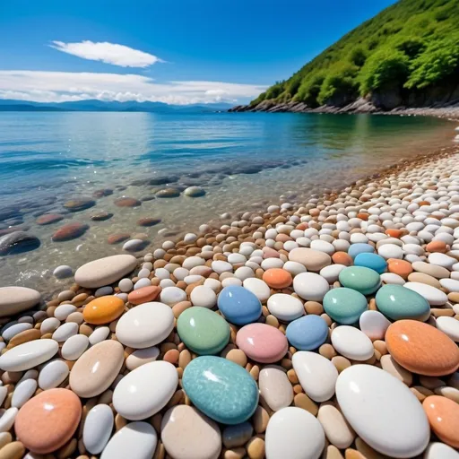 Prompt: A serene beach scene with smooth, polished pebbles of various colors like white, light green, soft orange, yellow, pink, and light blue. The pebbles are glossy, some translucent, resembling marbles or glass stones. Clear, calm water gently laps against the shoreline, with stones partly submerged. In the background, a tranquil blue ocean meets a hilly coastline covered in lush green trees. The sky is bright blue with fluffy white clouds. Sunlight illuminates the scene, enhancing the vibrancy of the stones and creating a cheerful, peaceful atmosphere.