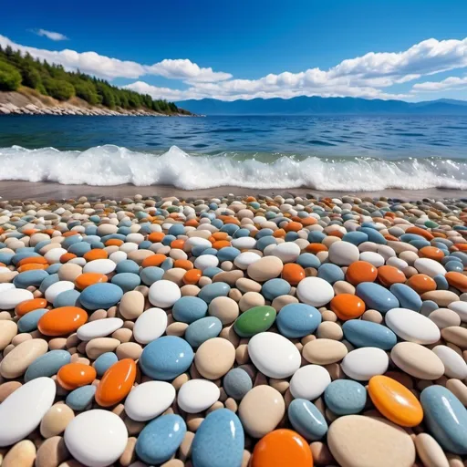 Prompt: A hyper-realistic digital illustration of a beautiful coastal scene with colorful smooth pebbles along the shore. The pebbles are large, polished, and have a glossy appearance, in various shades of white, yellow, orange, green, and blue. The ocean water is clear with gentle waves washing over some of the pebbles, reflecting the blue sky. The sky is bright and clear with a few fluffy white clouds and distant mountains in the background. The colors are vibrant and saturated, giving the image a peaceful and picturesque atmosphere.