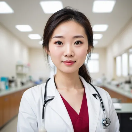 Prompt: A beautiful Chinese woman, doing experiments bokeh, medical office. white backgroup 